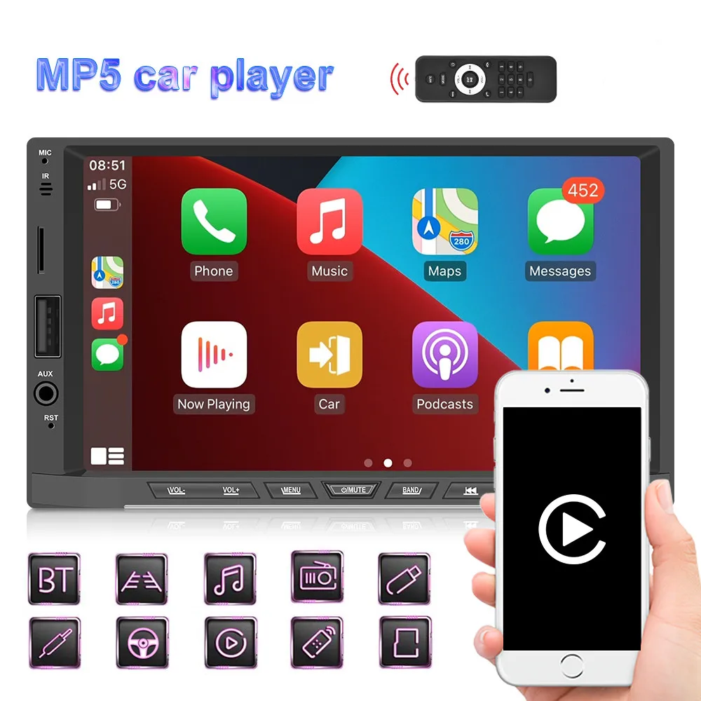  Podofo Прямая поставка 7 'автомобильное радио 2Din автомобильное аудио CarPlay стерео Wifi BT FM с Android Авто MP5