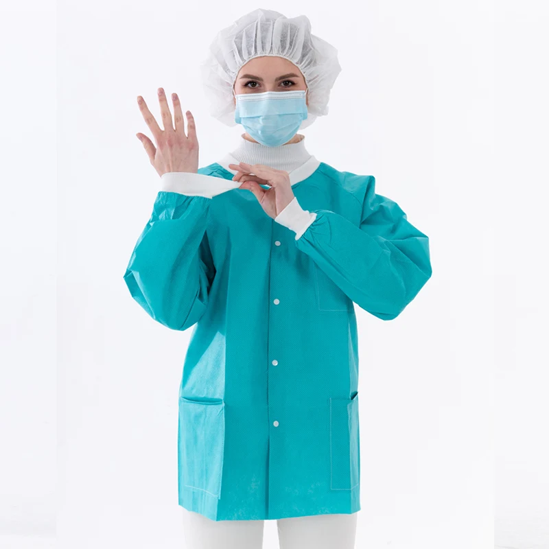 XIANZHIBO Disposable Lab Coat 43 Inches Long Medium 50 GSM Disposable Coats Medical with 3 Pockets Front Snaps