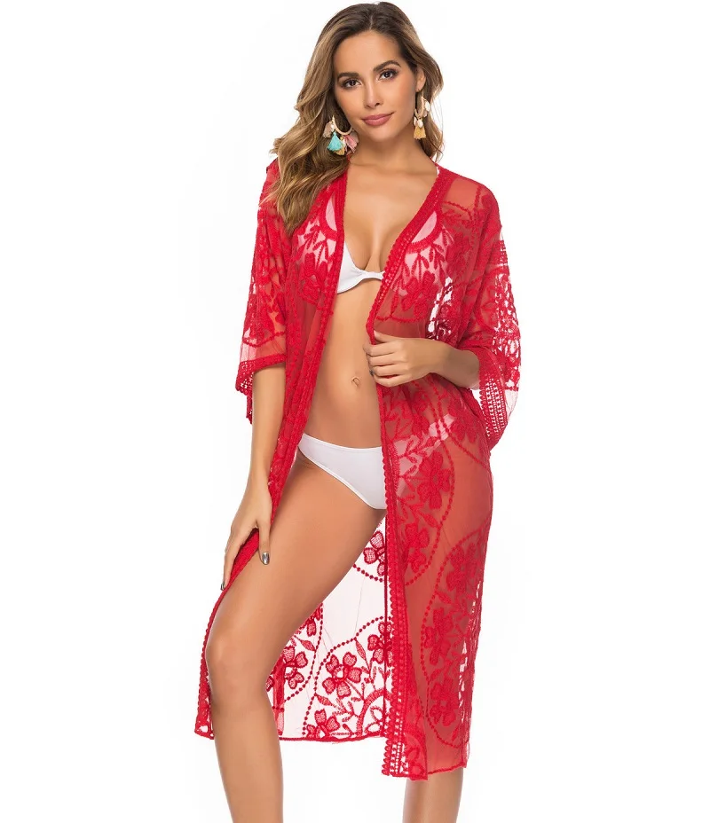 customized Womens sexy Sunscreen Crochet beach dress Robe Cardigan on the outside Bikini Lace embroidery  cover up beach dress