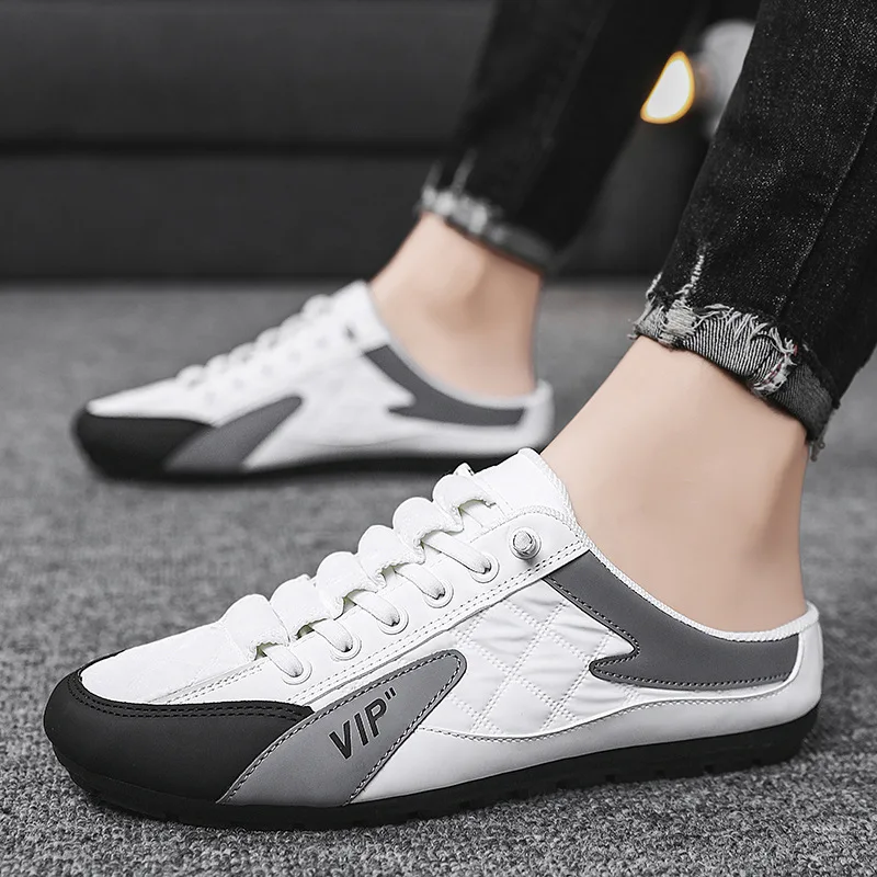 Mens Shoes 2024 Summer New Cloth Shoes Trendy Versatile Casual Lazy One Step Half Dragboard Leather Face Running Shoes Men