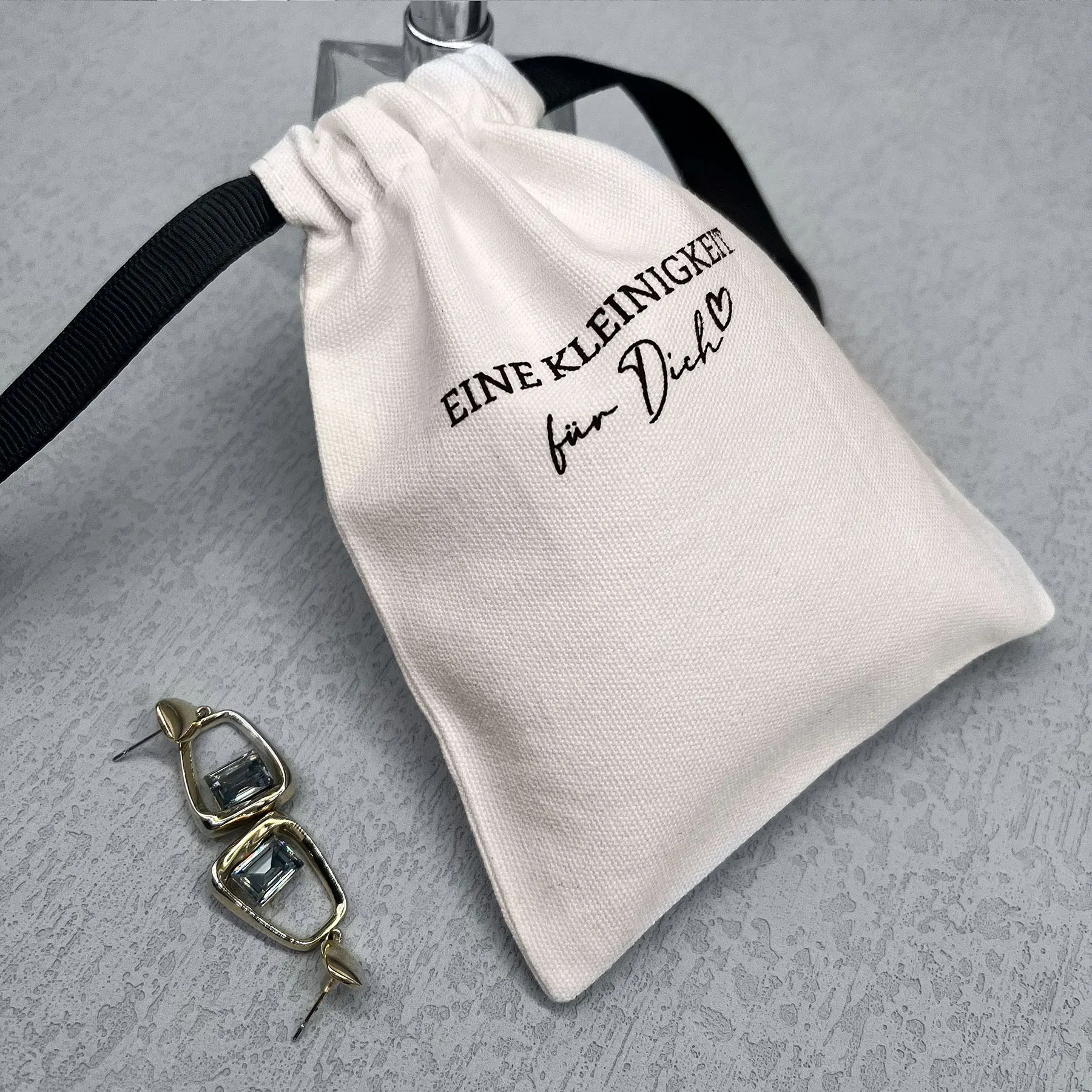 Custom Logo Printed Thick Cotton Canvas Drawstring Jewelry Pouch  with Grosgrain Gift Dust Cotton Drawstring Pouch For jewelry