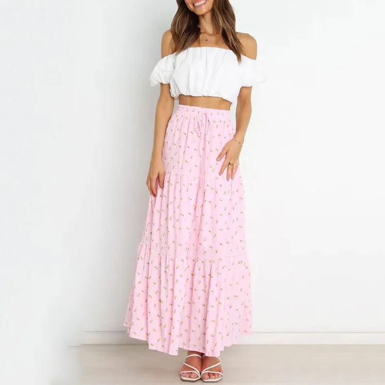 Wholesale Custom Women High Elasticated Waist Floral Print Maxi Skirts