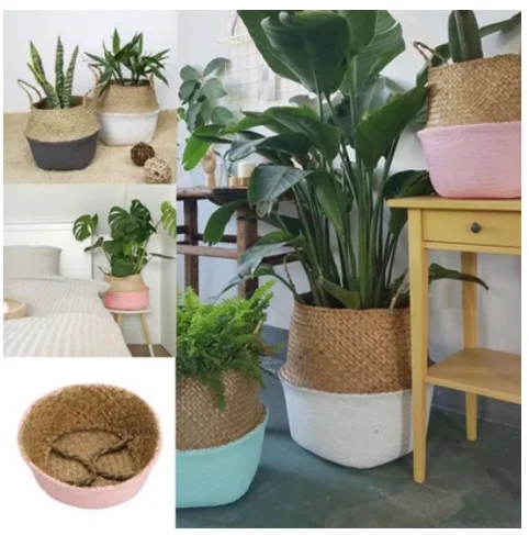 Bamboo Storage Baskets Foldable Laundry Straw Patchwork Wicker Rattan Seagrass Belly Garden Flower Pot Planter Handmade Basket