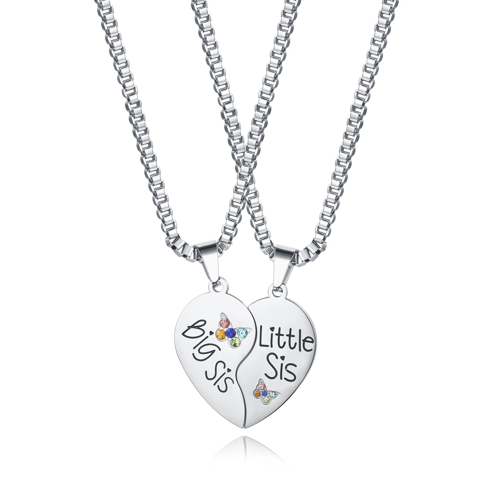 New Color Cubic Zirconia Stainless Steel Little sis Friendship Sisters Puzzle Heart Necklace
