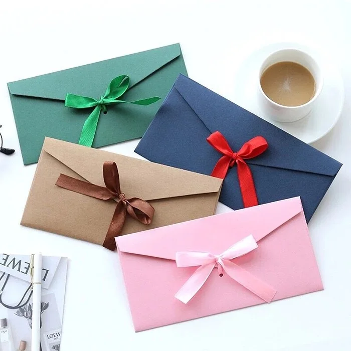 Custom Size Color Hot Sale Wish Card Paper Bag Biodegradable Beautiful Pearl Paper Colorful Envelope With Ribbon Bow