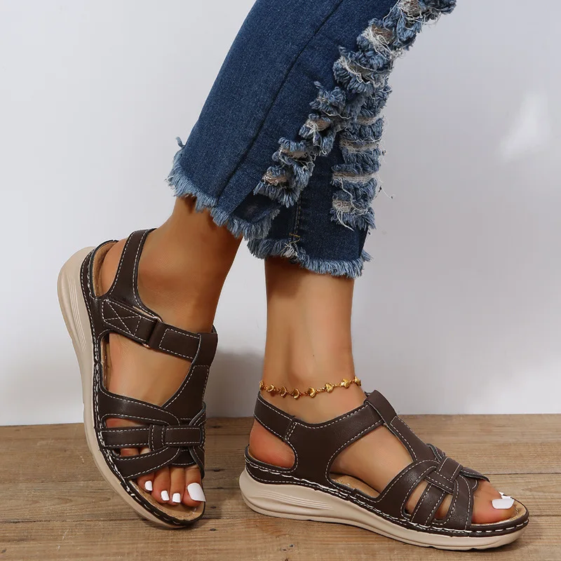 Summer retro plus size car line solid color light round head wedge Roman sandals women Water Shoes Hiking Leather Beach sandals
