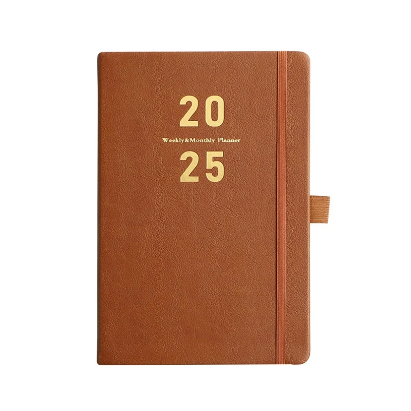 Custom logo PU leather cover A5 notepad paper printable calendar notebook 365 days daily diary planner 2025 with elastic strap