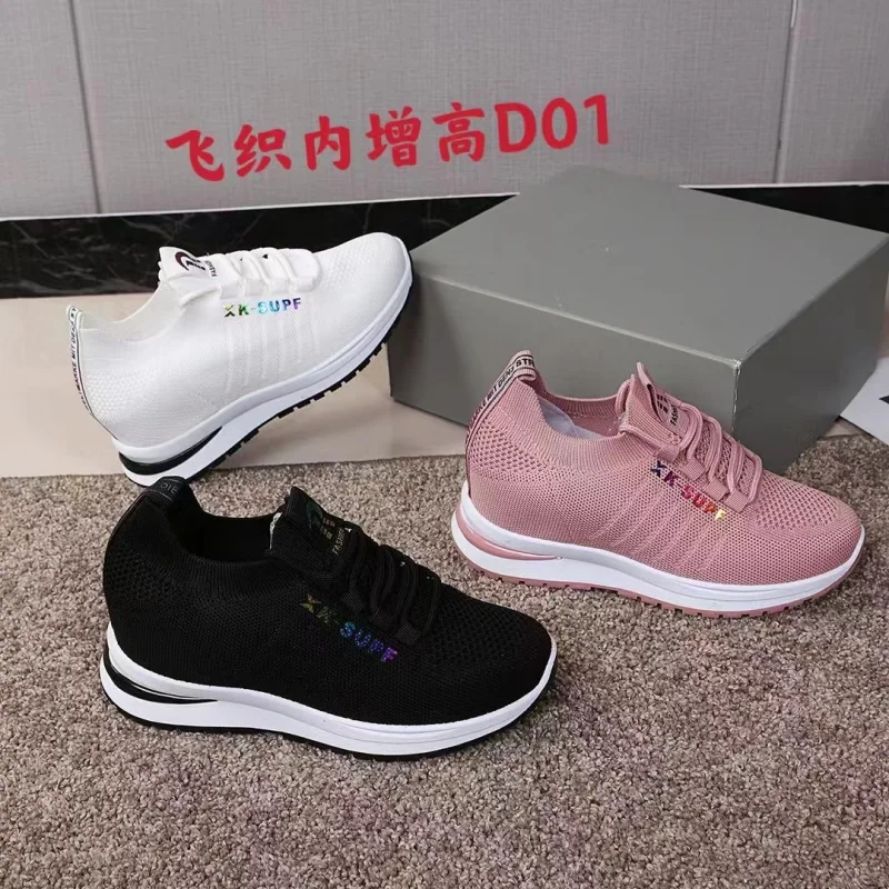 2023 Factory wholesale pink white flyweaving casual running shoes women height increasing sneaker