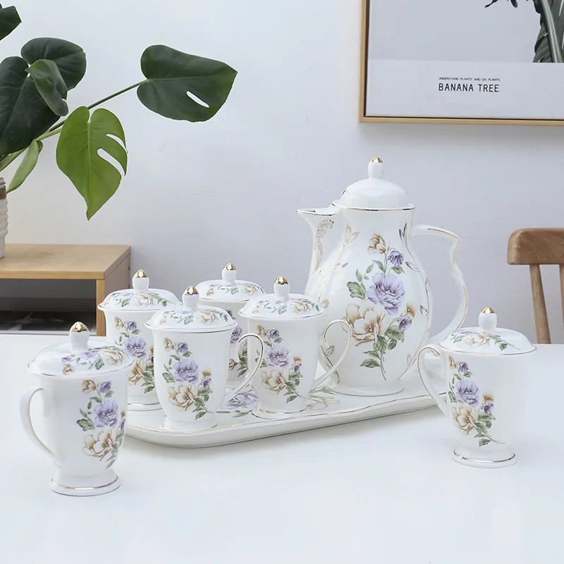 European 8 pcs Royal Luxury Coffee Set Flower Water Cup Teapot Vintage Kettle Party Wedding Gift Coffee & Tea Set