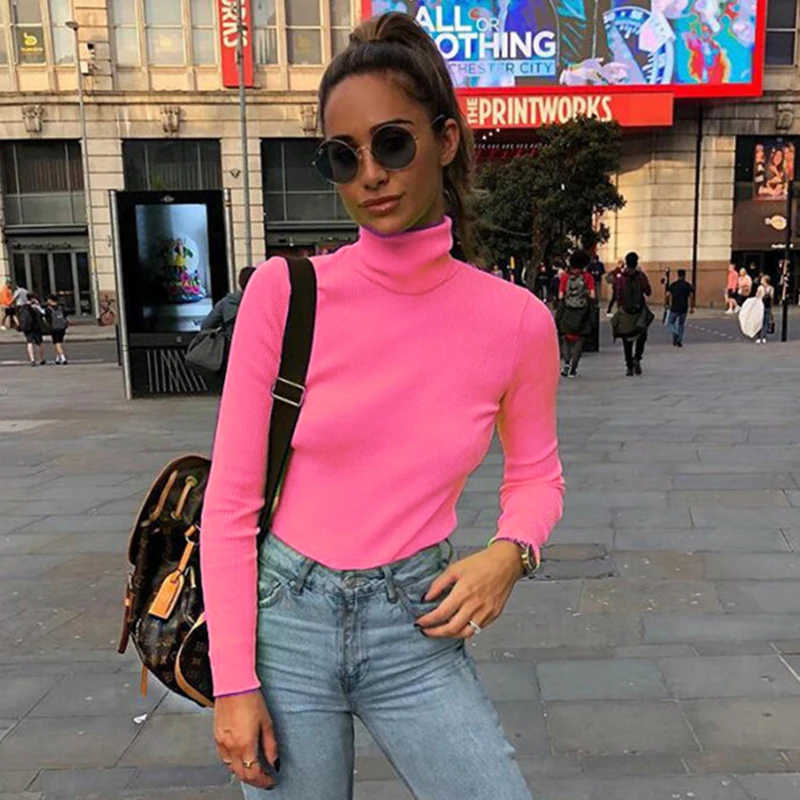 High Quality Turtle Neck Plain Skin Tight Neon Green Cotton Sweater