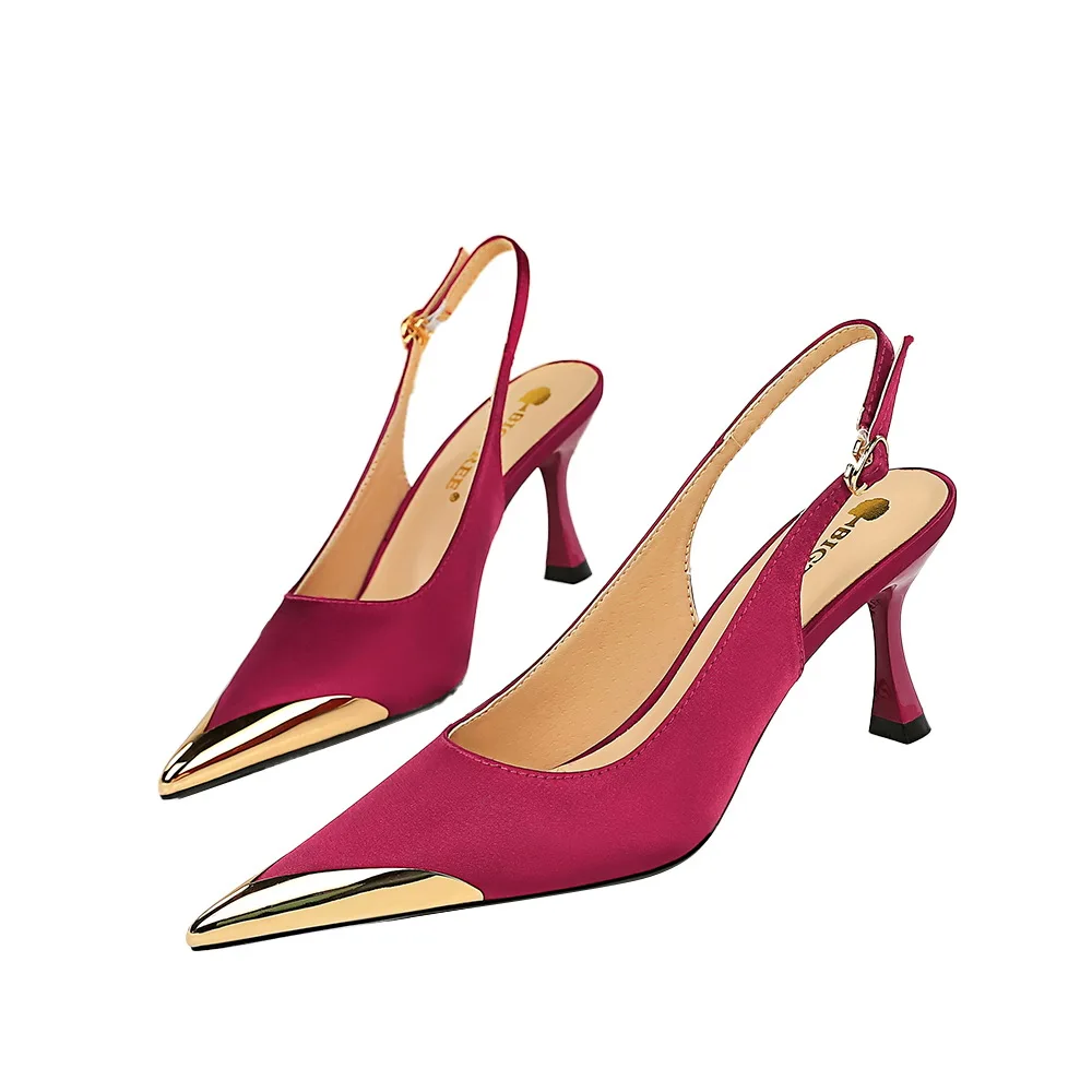 3716-5 BIGTREE Sexy Banquet Heels For Ladies High Heels For Women And Ladies Shallow Metal Pointed Silk Hollow Back Shoes Women