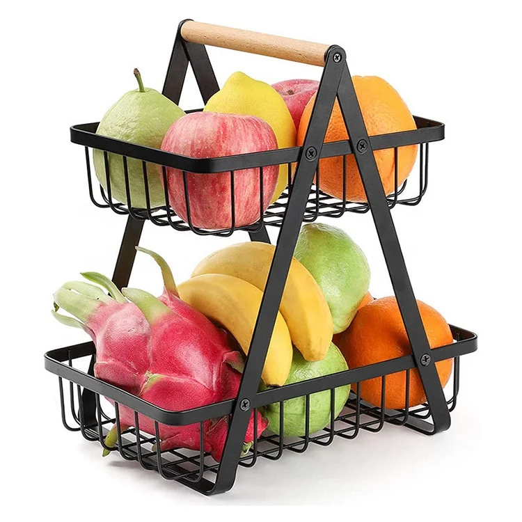 2 Layer Portable Detachable Kitchen Vegetable Storage Baskets Wood Handle Fruits Storage Basket