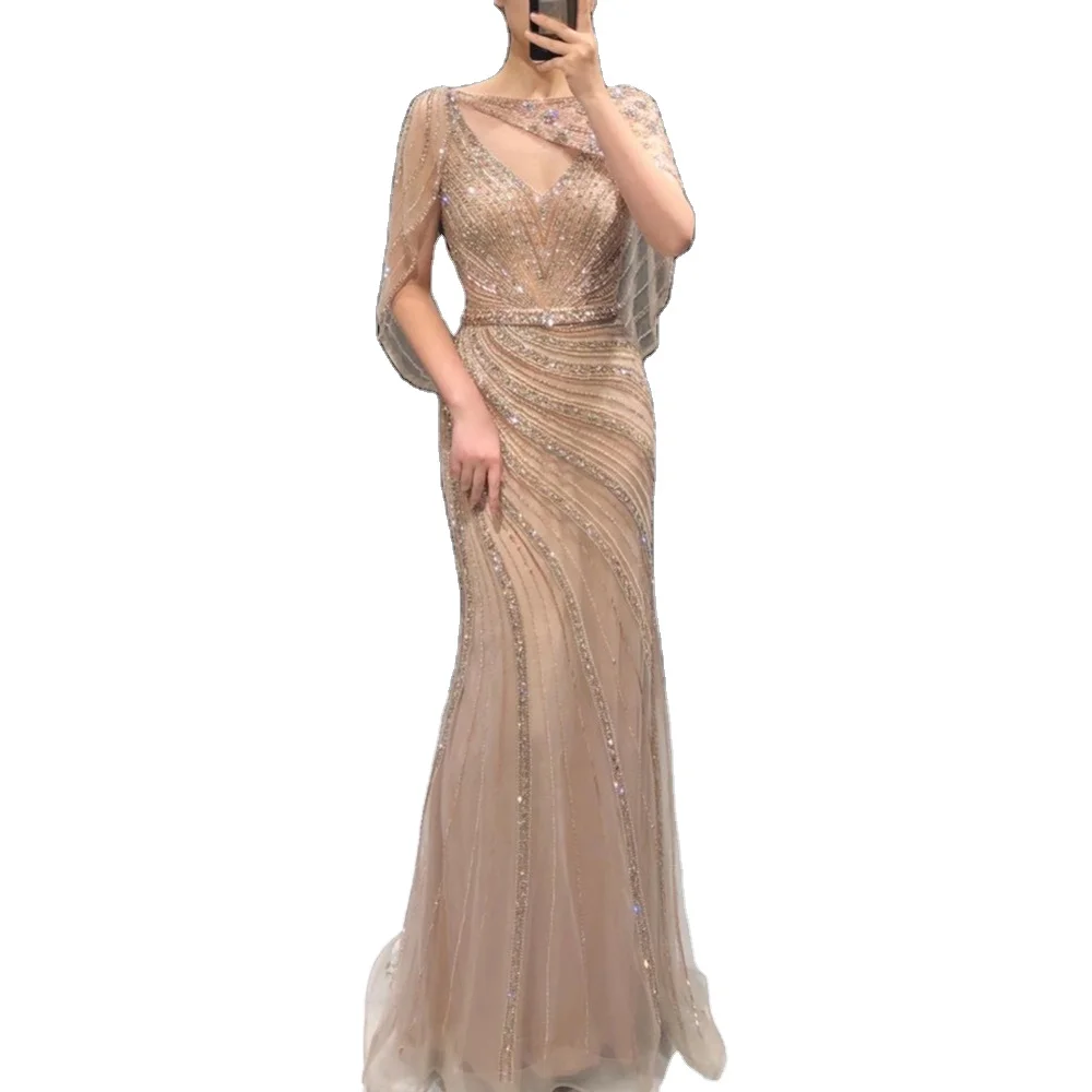 Serene Hill Gold Mermaid V Neck Sexy Evening Dresses Long 2021 Beading Beautiful Dinner Party Wear Gowns For Women LA70910