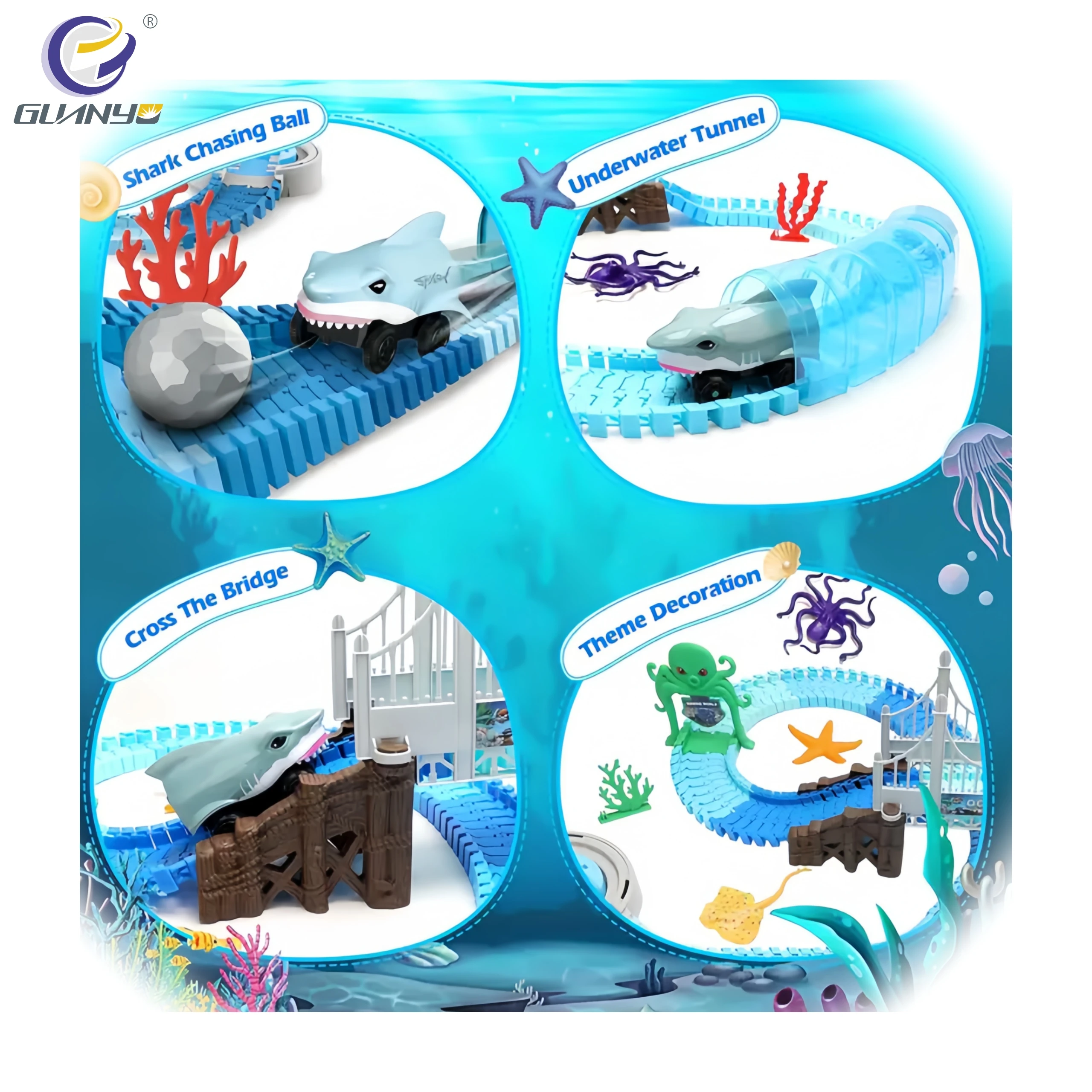264PCS Shark Rail Car Ocean Toy Trains DIY Racing Railway Electric Car Marine Animal Model Children Toys Great Gift For Kids