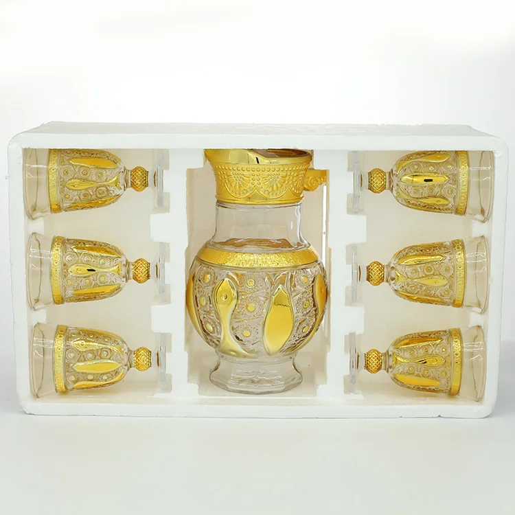 Wholesale 7pcs  golden Water Jug Glass Water Set glass tumbler jug Pitcher Set With Lid glass water set