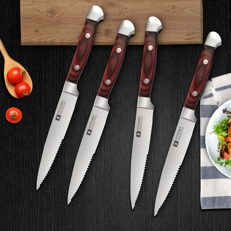 Trending products kitchen steak knives serrated stainless steel wooden handle steak knife set of 4 pieces