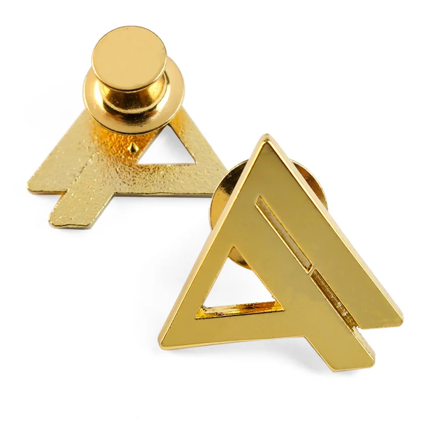 Personalized custom logo English Souvenir metal safety hollow out gold letter brooch pin branded badges for cloth