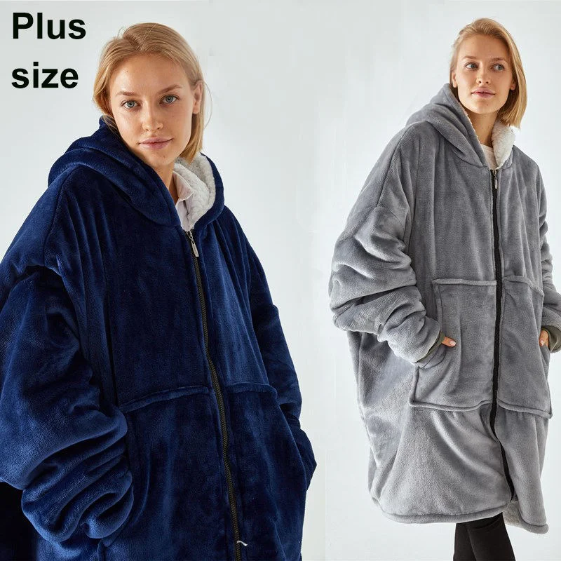 Nature Sherpa Winter Tv Hooded Long Sleeve Wearable Oversized Large Pocket Flannel Hoodie Blanket