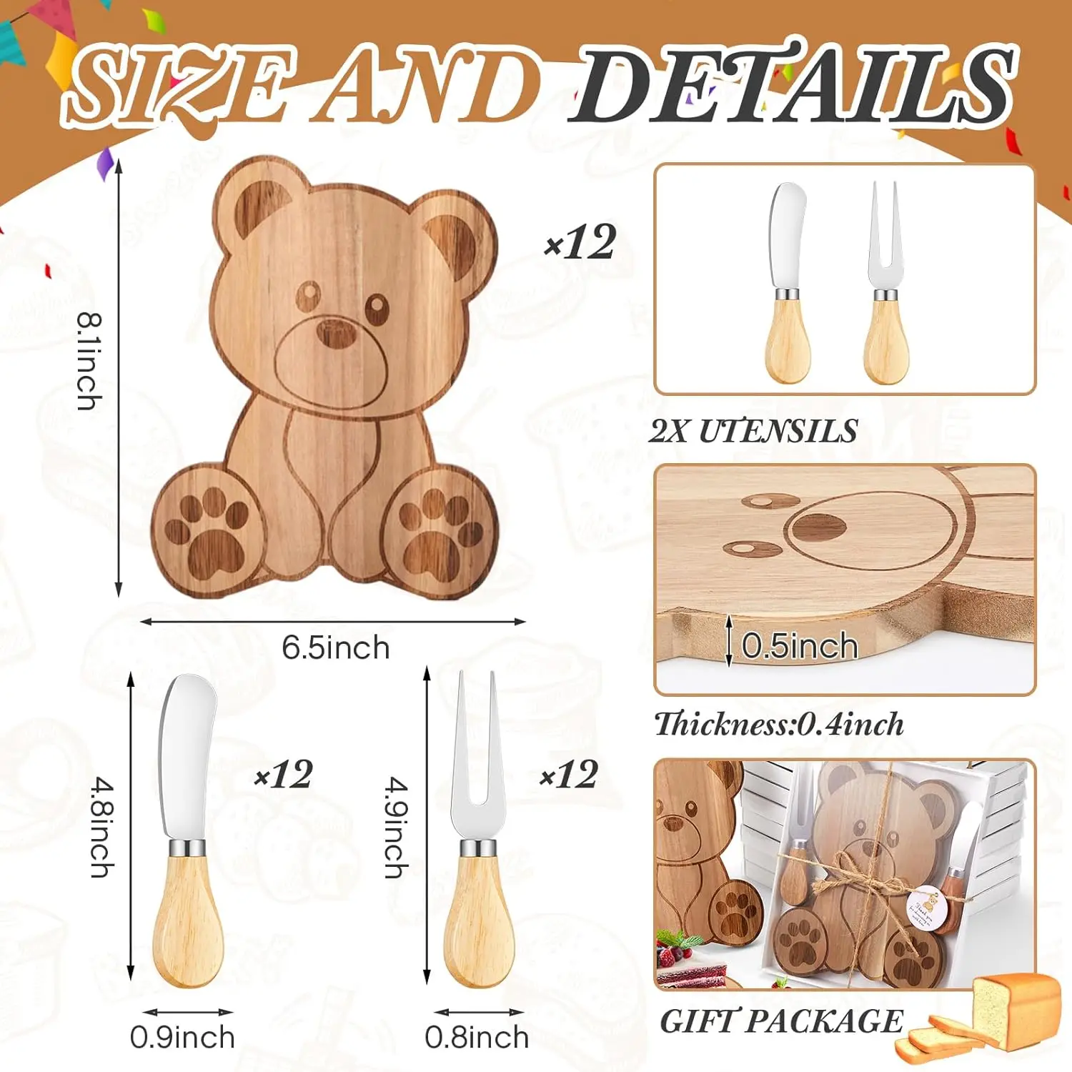 Direct Sales little bear acacia wooden cheese board with knives cutting board  cooked food board