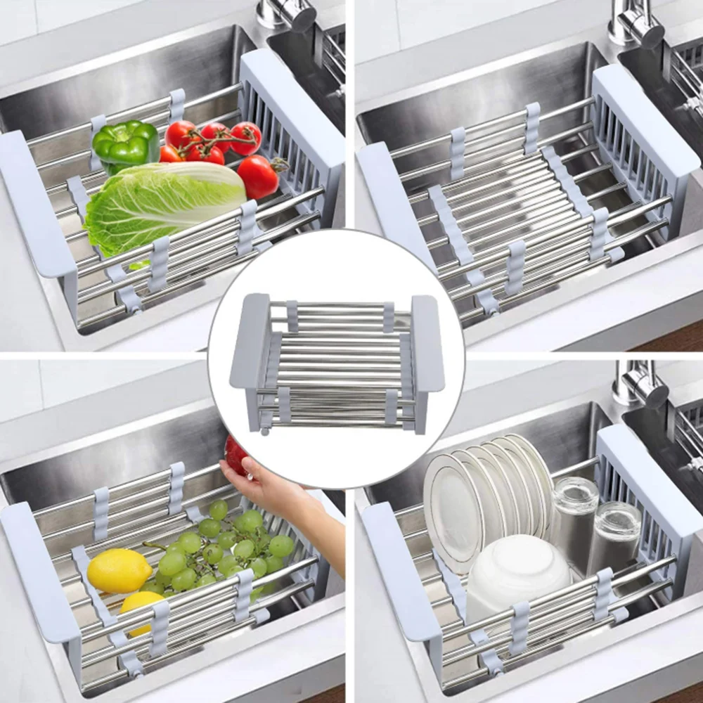 Multifunctional practical drain basket fruit and vegetable retractable kitchen stainless steel sink drain basket
