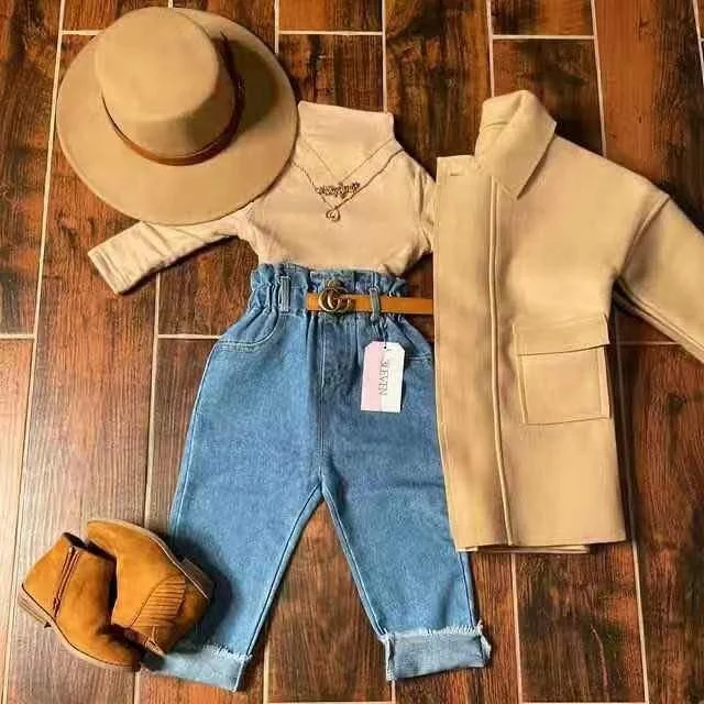 Solid Color Girls Clothing Sets 2021 Autumn Baby Girl Casual Suit Kids Clothes T-shirt+Denim Pants Children Suit