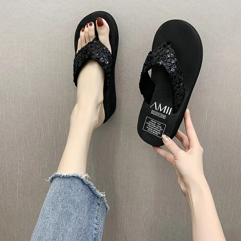 Shiny Sequin High Slope Heel Ladies Flip-flops Outdoor Beach Anti-slip Summer Flip Flops Sandals Slippers Thong Shoes For Women