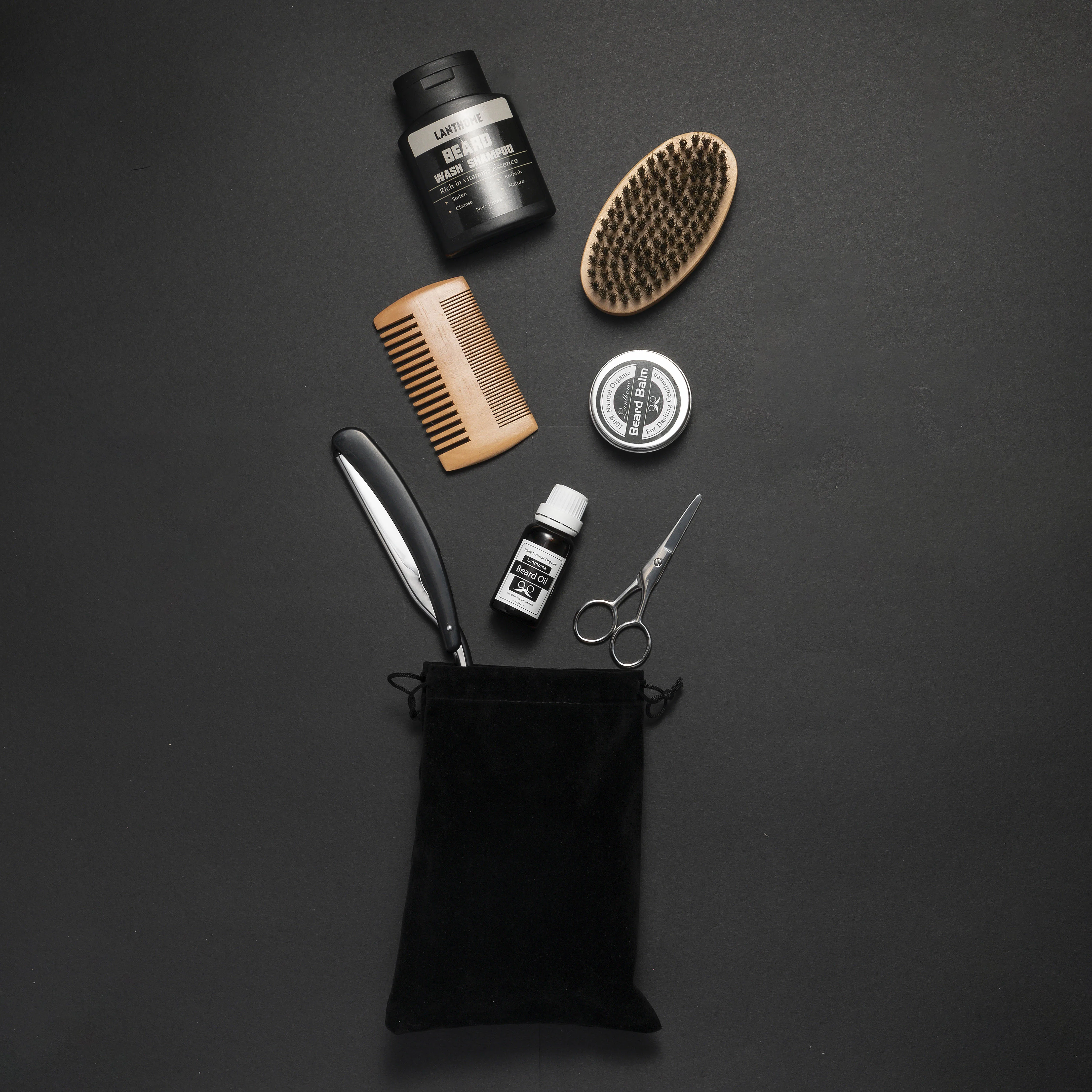 LANTHOME Men Organic Beard Oil Balm Moustache Wax Styling Beeswax Moisturizing Smoothing Gentlemen Beard Care Grooming Kit