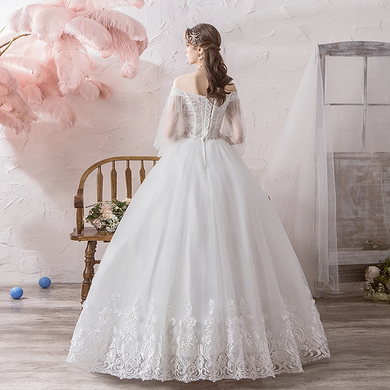 2019 Latest Popular Flat Shoulders Embroidery Pearl Beaded Princess Wedding Gown with Medium Puffy Sleeve