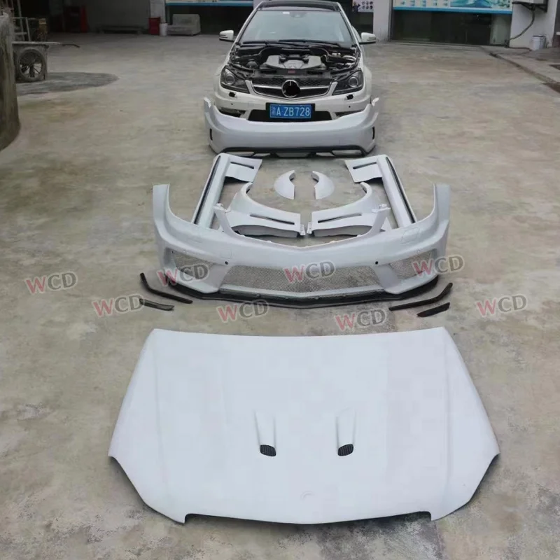 FRP Wide Body Kit for Mercedes Benz C-Class W204 C63 C200 C300 Black Series Style Front Bumper Side Skirts Fender Hood Rear bar