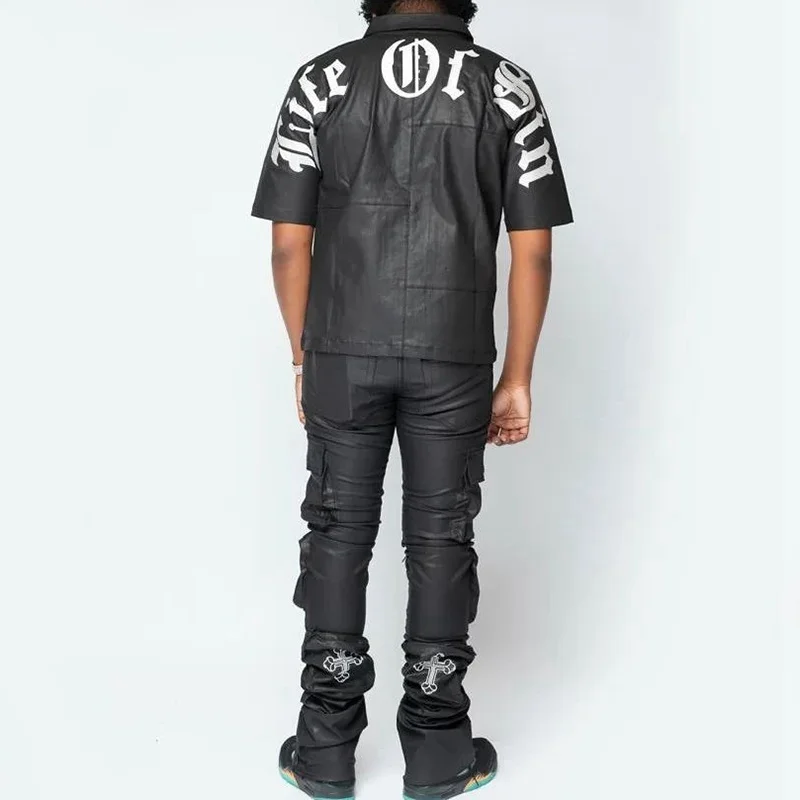 Custom Screen Print Embroidered Men Zip Up Leather Short Sleeve Shirt And Pu Stacked Flare Pants Set Tracksuit For Men