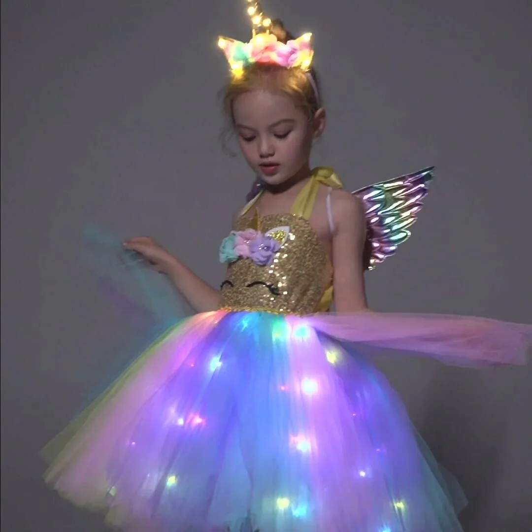 SHINYOU 2023 Unicorn Kids Dresses Add Wings LED Light Up Unicorn Costumes For Halloween Birthday Party Gift