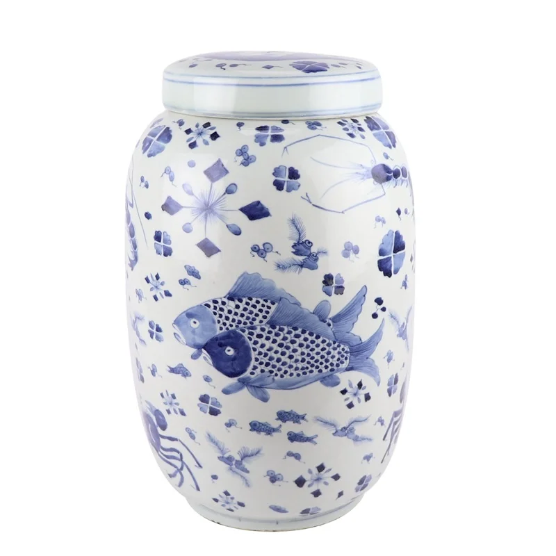 RZKY43 Blue and white Porcelain Sea Animals Fish crab shrimp Ceramic pot Flat Lidded Jars flower vase