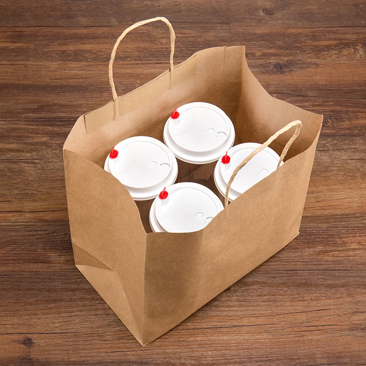 LOKYO Wholesale takeaway brown paper bag flat bottom paper bag bolsa de papel transparent window paper bag with cup holder