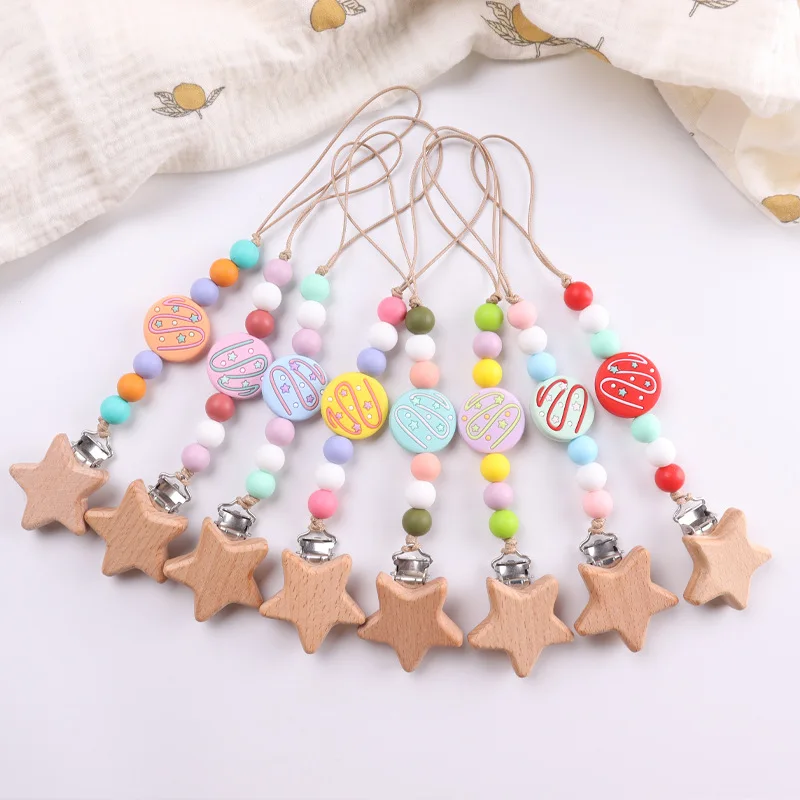 DIY Baby Carve Custom Name Cartoon Cake Donut Pacifier Chain Candy Pacifier Clip Crown Teething Chain Teether Clip Children Gift