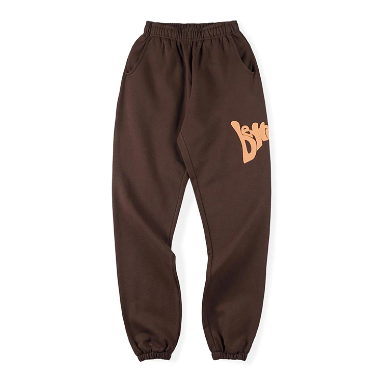 designer thick streetwear wide leg men no drawstring brown unisex heavyweight 100% cotton custom logo puff print sweatpants