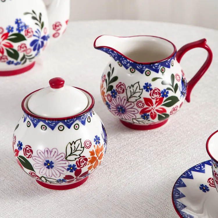 High Quality Porcelain Sugar Pot Milk Jug Tea Cups And Saucer Sets British Floral Ceramic Coffee Tea Set With Teapot