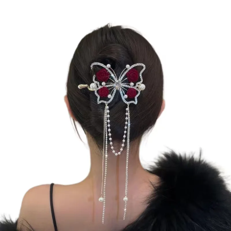 Wholesale New Popular Red Rose Flower Hair Clip Temperamental Butterfly Hair Claw Clips Women Trendy Hair Accessories