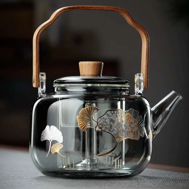 2024 New Innovations High Temperature Resistance and High Borosilicate Glass Teapot Walnut Handle Tea  Double Bile Teapot