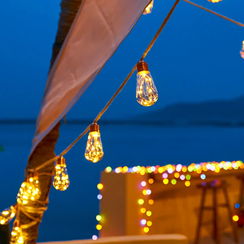 Outdoor Waterproof Warm White Full Star Copper Wire String Lights Solar Powered Patio Restaurant Bar Hemp Rope Elegant Style