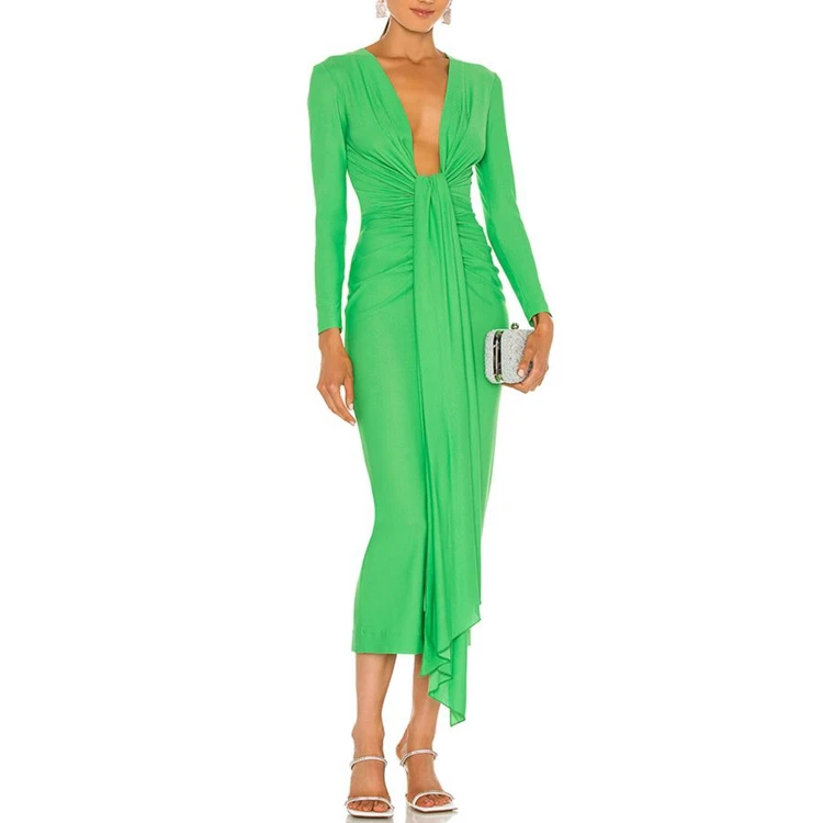 OEM party green V-neck crepe fabric evening long sleeve sexy ruched knot draped midi dresses women