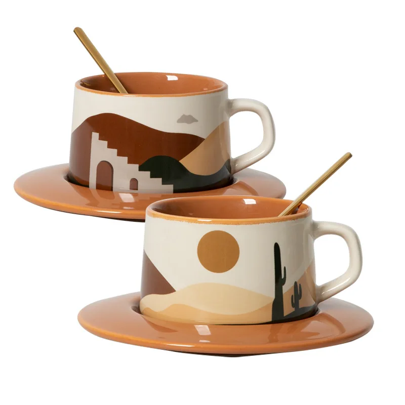 2022 Hot Sell Nordic ins gift oasis morandi ceramic coffee cup set retro breakfast milk flower cup tea cup set