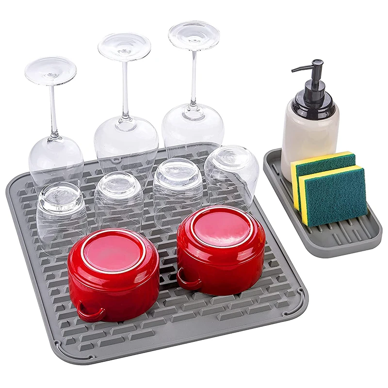 Non Slip Premium Extra High Ridges, Upgraded Thickness Silicone Dish Fast Drying Mat & Tray Countertop Protection Trivet