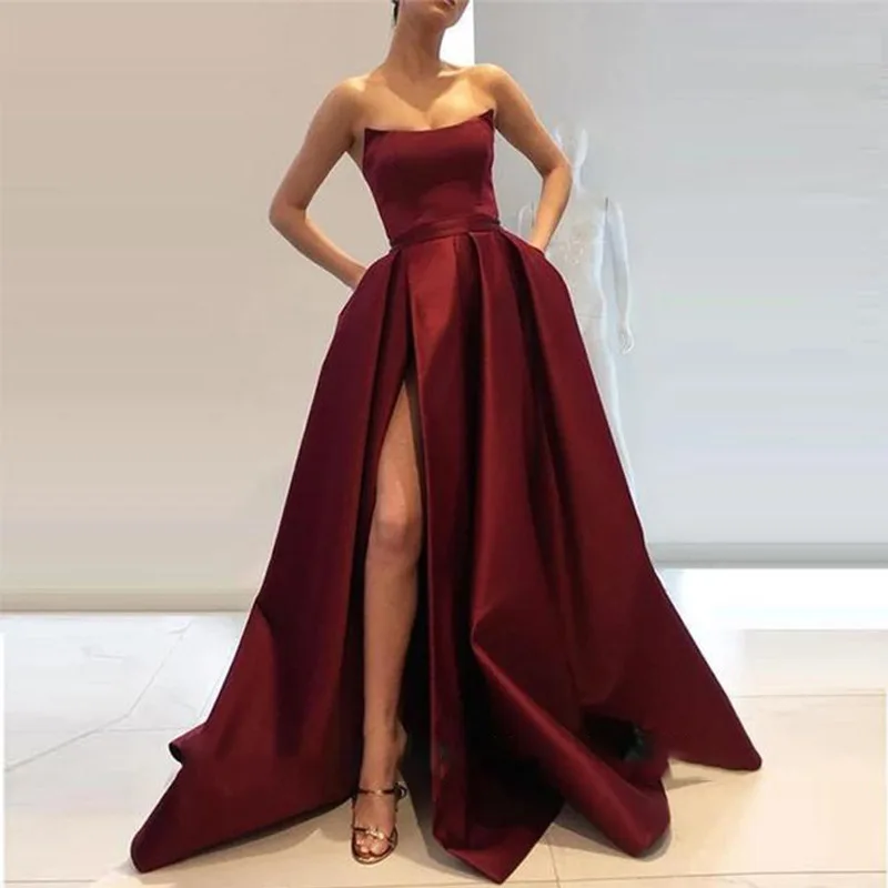 Solid Color High Slit Lady Fashion Off Shoulder Pleated Evening Dresses long dress wedding evening dress