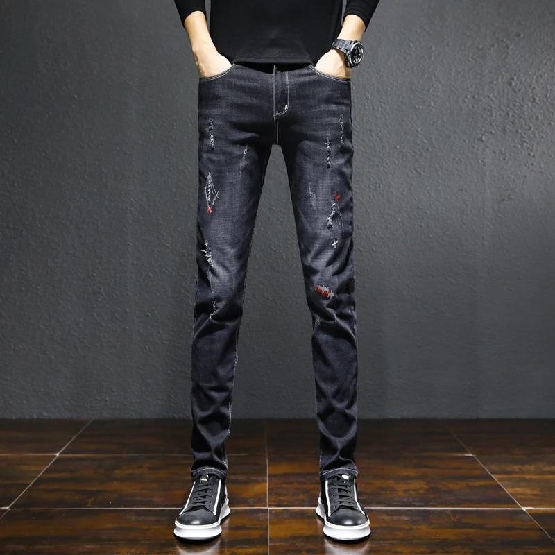 Wholesale Slim Fit Jeans for Mens Streetwear Designer Regular Distressed Denim Slim Homme Pants Hip Hop Hole Jeans Trousers