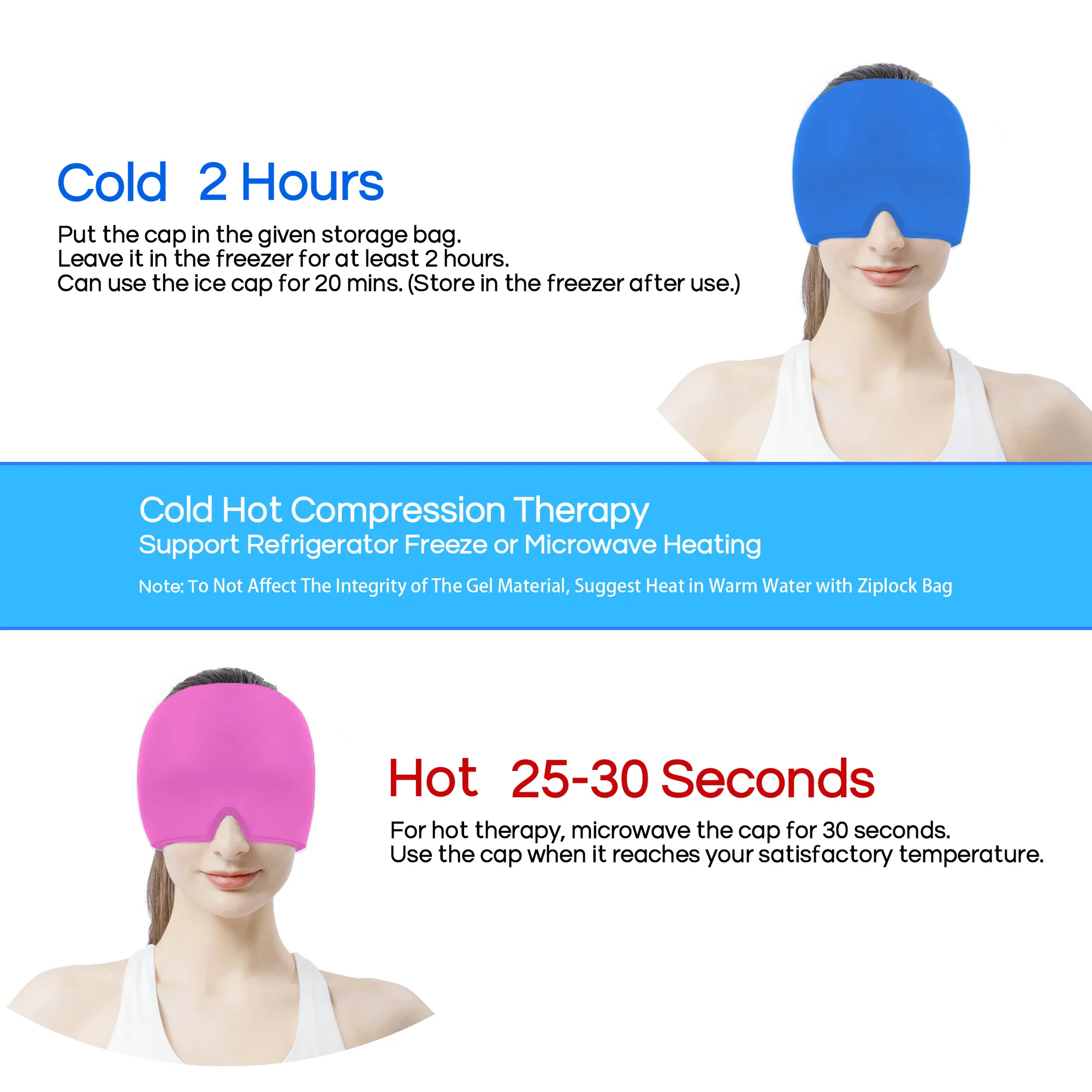 Customized Elastic Gel Ice Cap, Pain Relief Cold Hot Wrap, Migraine Ice Hat With Adjustable Loop and Hook