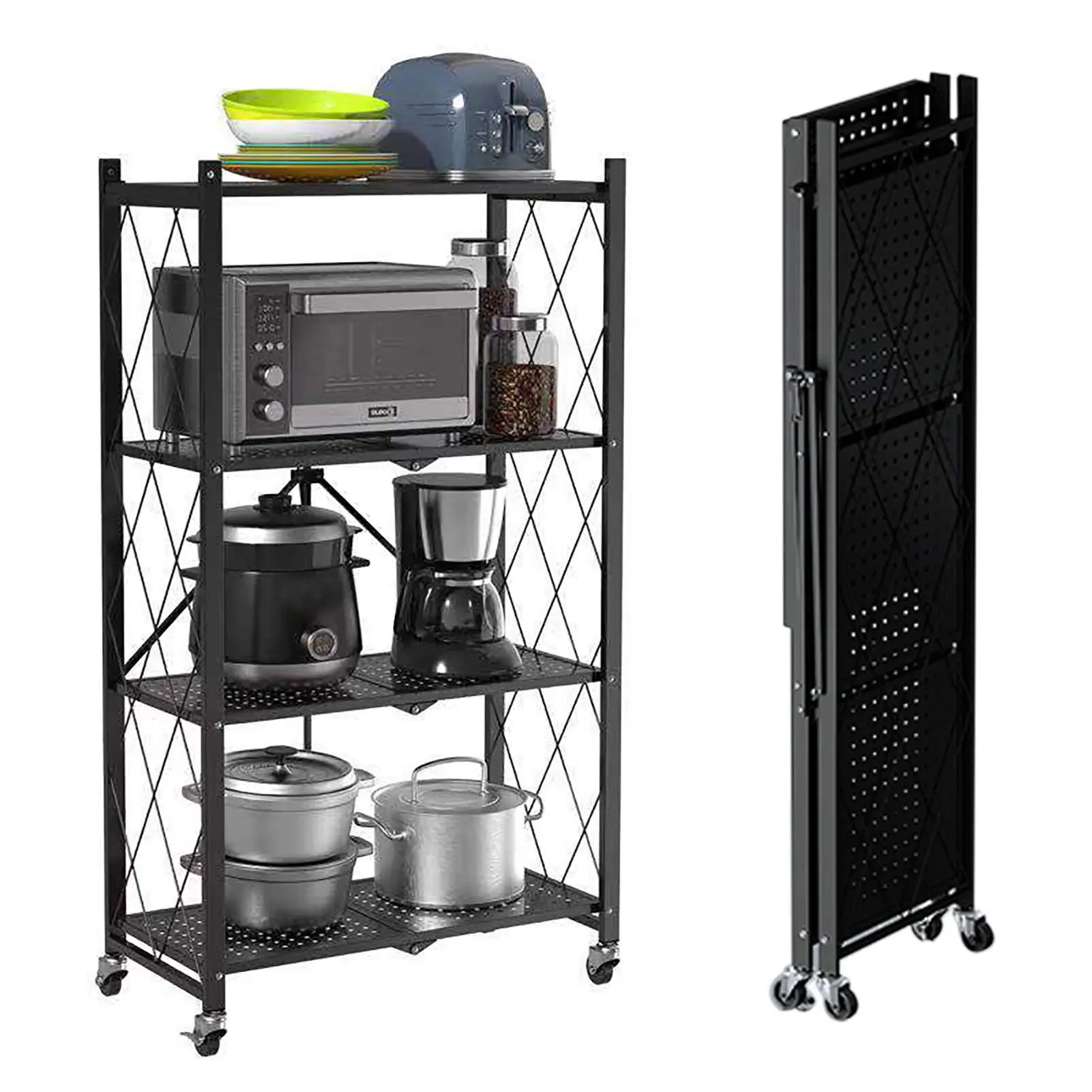 Wholesale Kitchen Metal Folding Organizer Shelf Home 4 Tier Storage Foldable Storage Shelf with Wheels