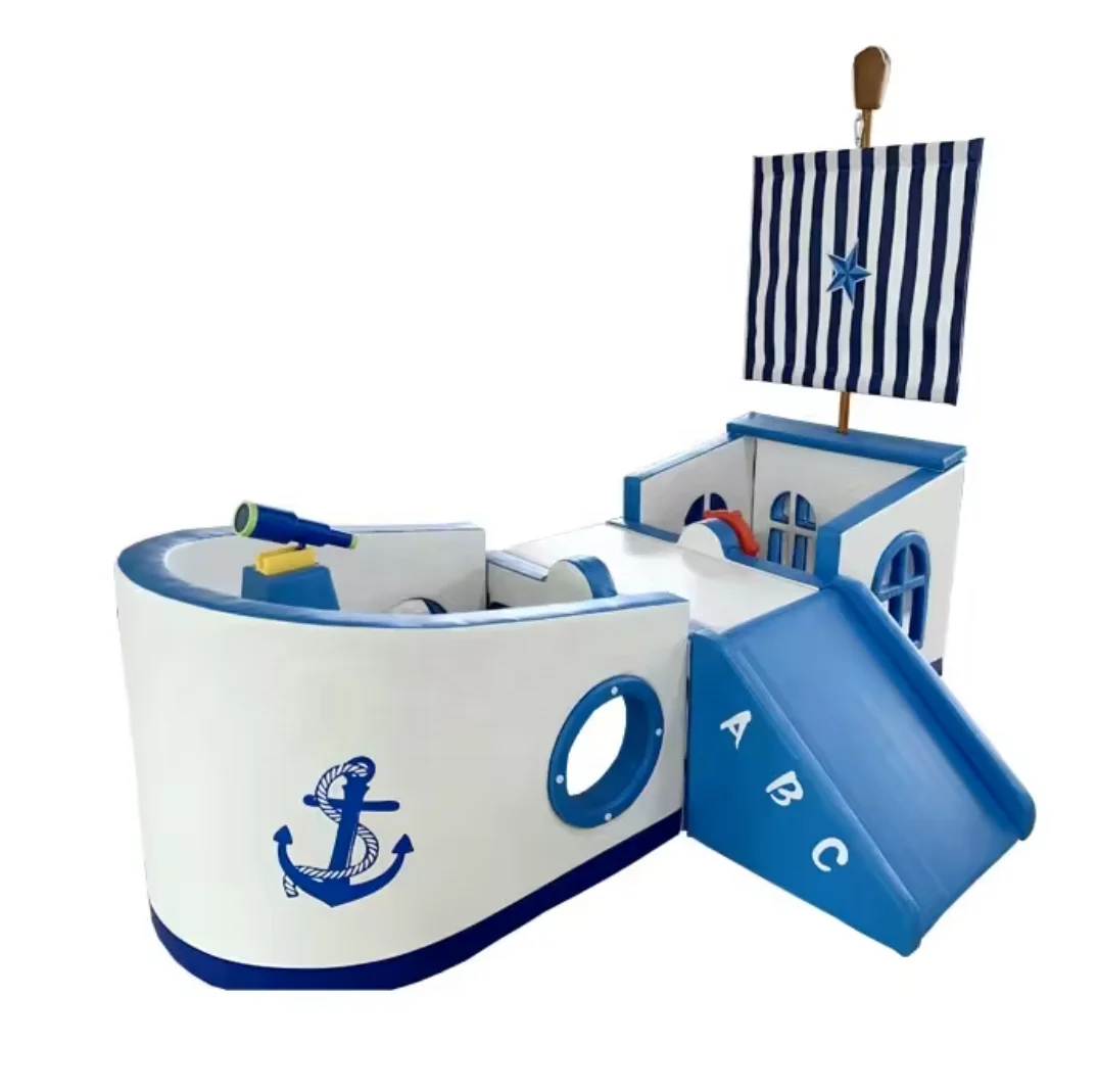 New arrival PU material indoor playroom play area equipment pirate ship soft play set ship theme with soft slide and steps