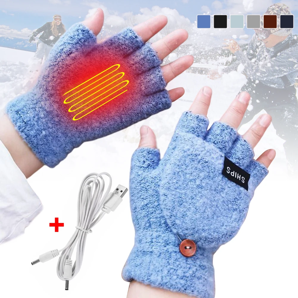 USB Electric Heated Glove 2-Side Heating Convertible Fingerless Knitted Mittens Waterproof Cycling Skiing Adjustable Heat Gloves