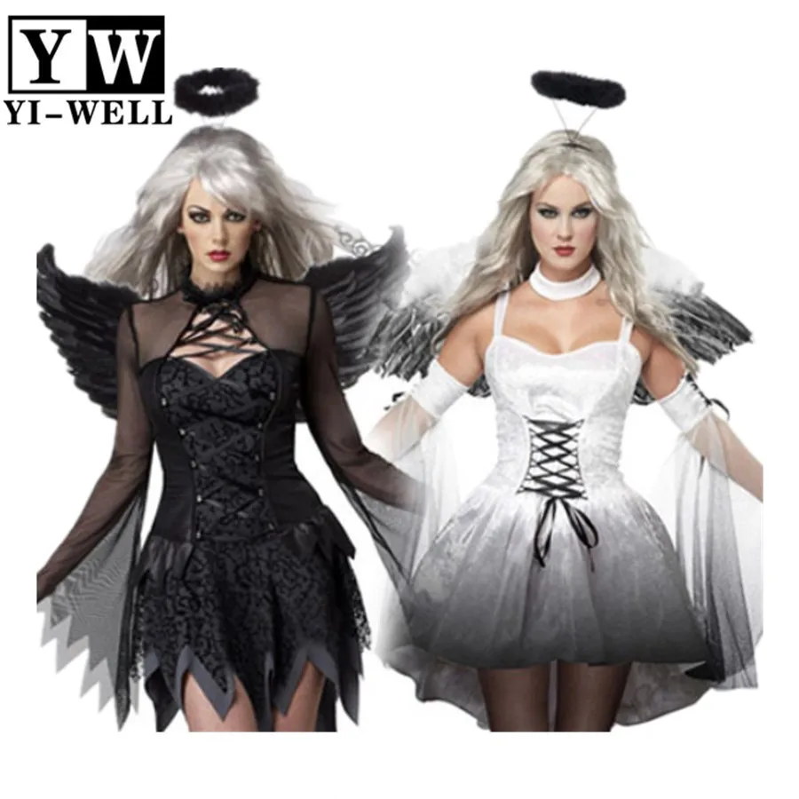 Black Fallen Dark Angel Halloween Woman Fancy Dress Costume with Halo and Wings