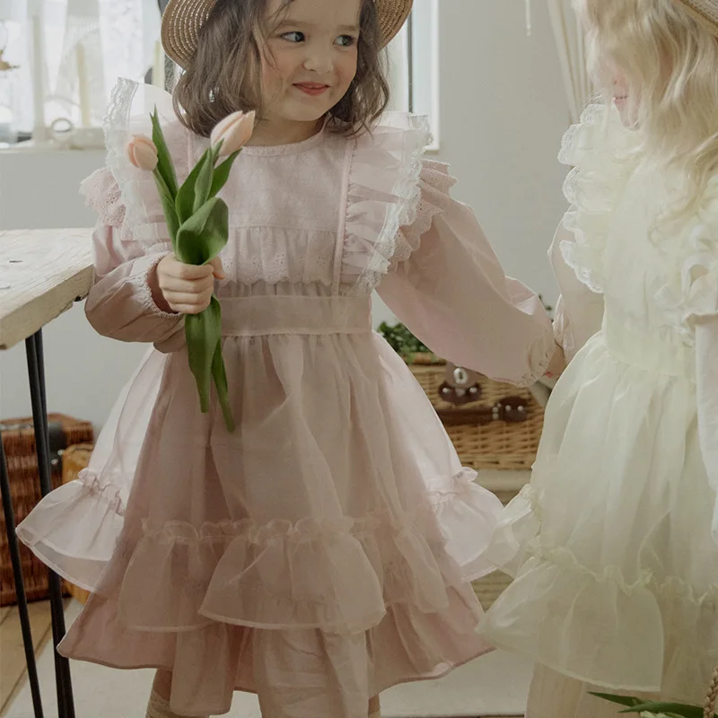 Wholesale Product Baby Girls Autumn Linen Cotton Dresses Girls Flower Ruffled Long Sleeves Spin Dresses